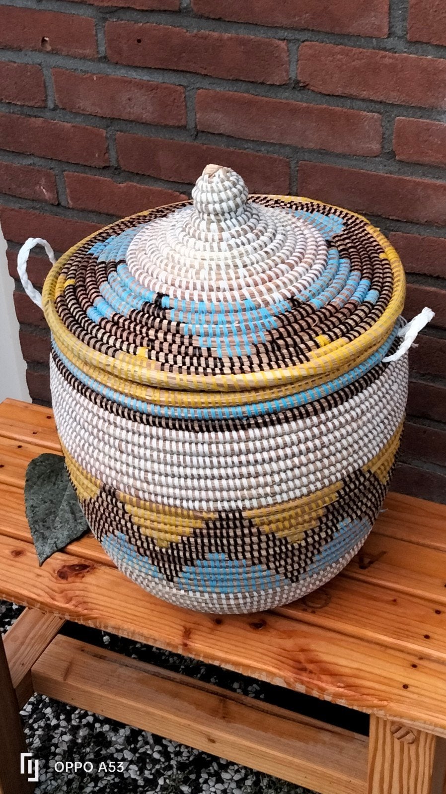 Handgemaakte rieten mand uit Afrika 44x32cm, Gevlochten, Mand, Rond, Ophalen of Verzenden