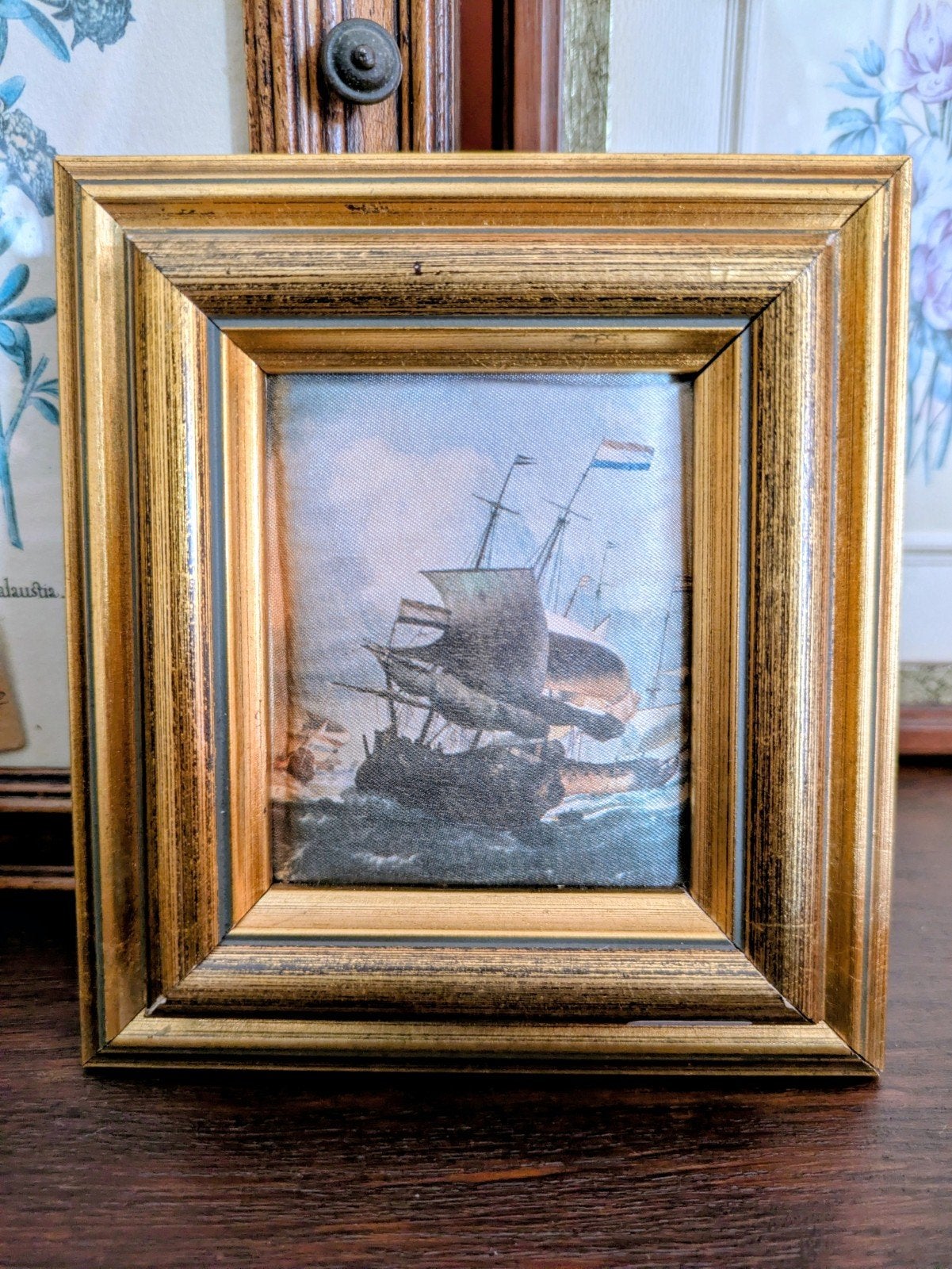 Vintage Zijdeprent Schip, Huis en Inrichting, Schilderij, Ophalen of Verzenden, Zo goed als nieuw, X