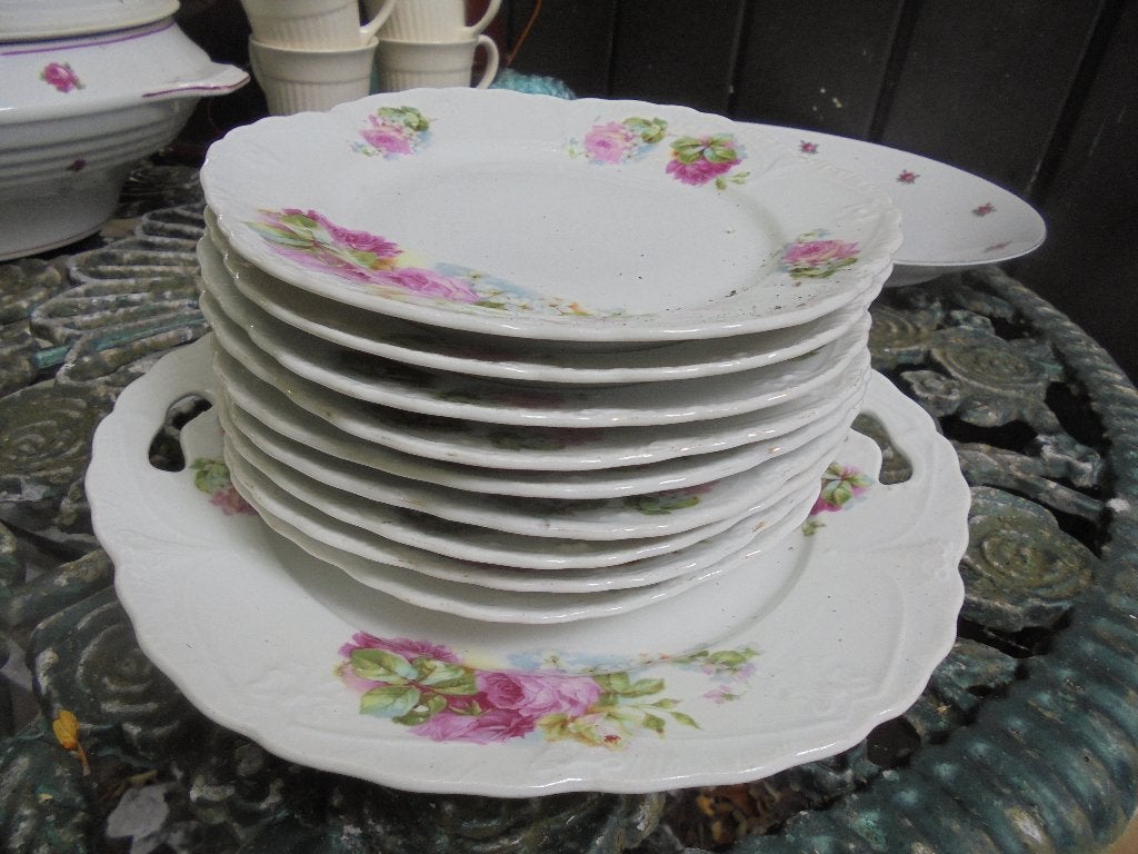 Sierlijk gebakstel met grote zacht roze rozen, Antiek en Kunst, Ophalen of Verzenden