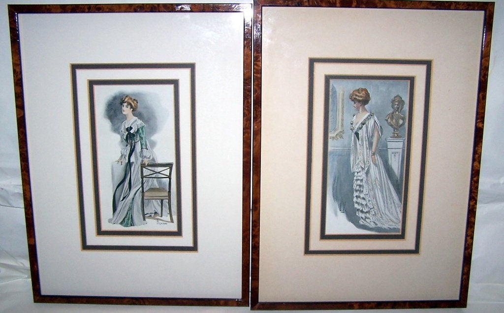 2 prachtige antieke (rond 1900)hand ingekleurde mode-prenten, Antiek en Kunst, Ophalen of Verzenden