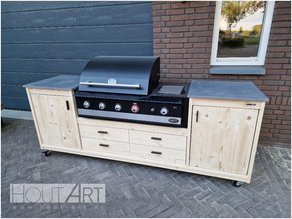 Buitenkeuken Boretti Luxe met lades en deuren steigerhout, Houtskool, Vrijstaand, Info@hout-art.nl, Nieuw
