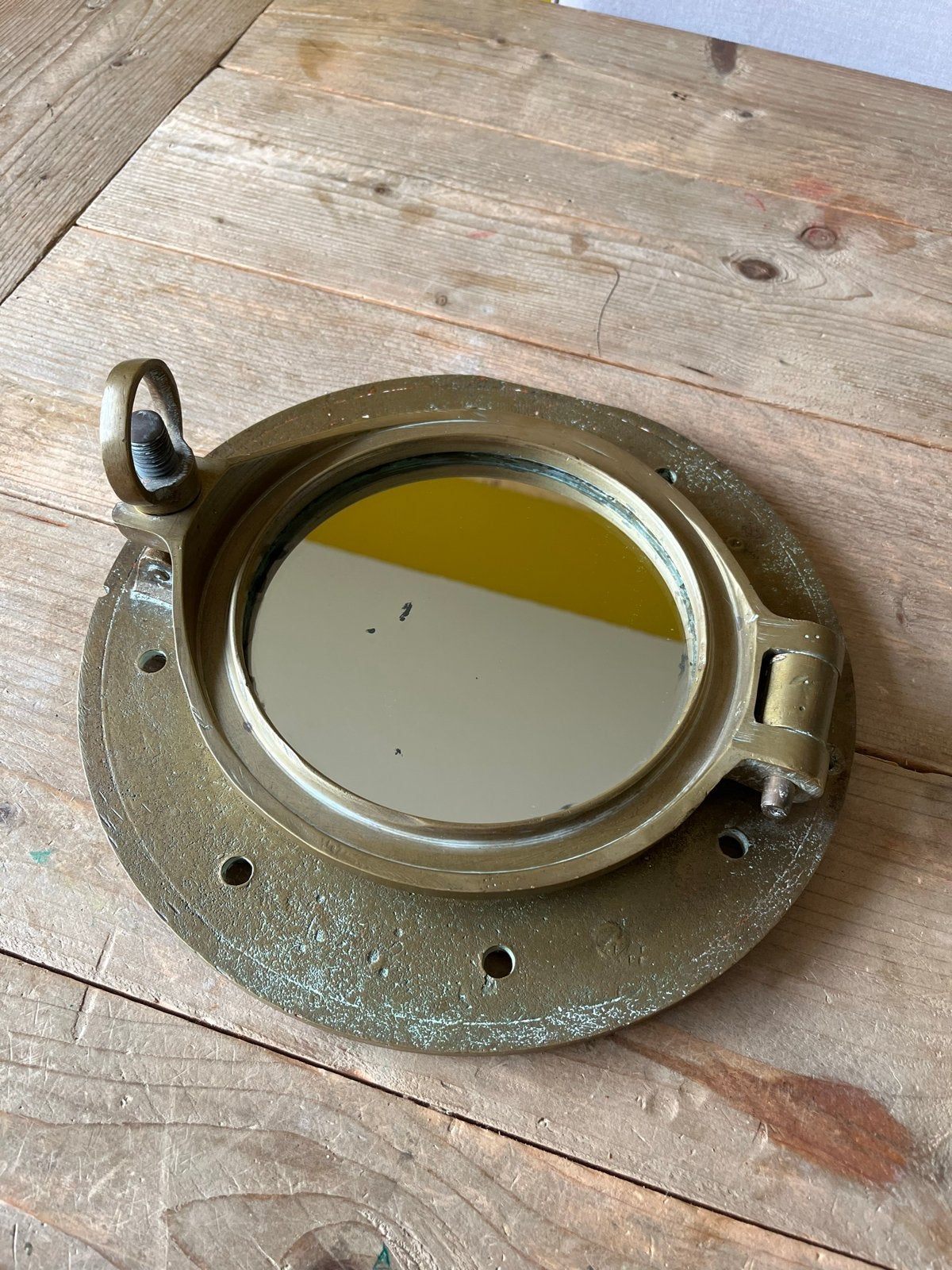 Bronzen patrijspoort met spiegel - Diameter 31 cm, Ophalen of Verzenden, Rond, Minder dan 50 cm, Minder dan 100 cm