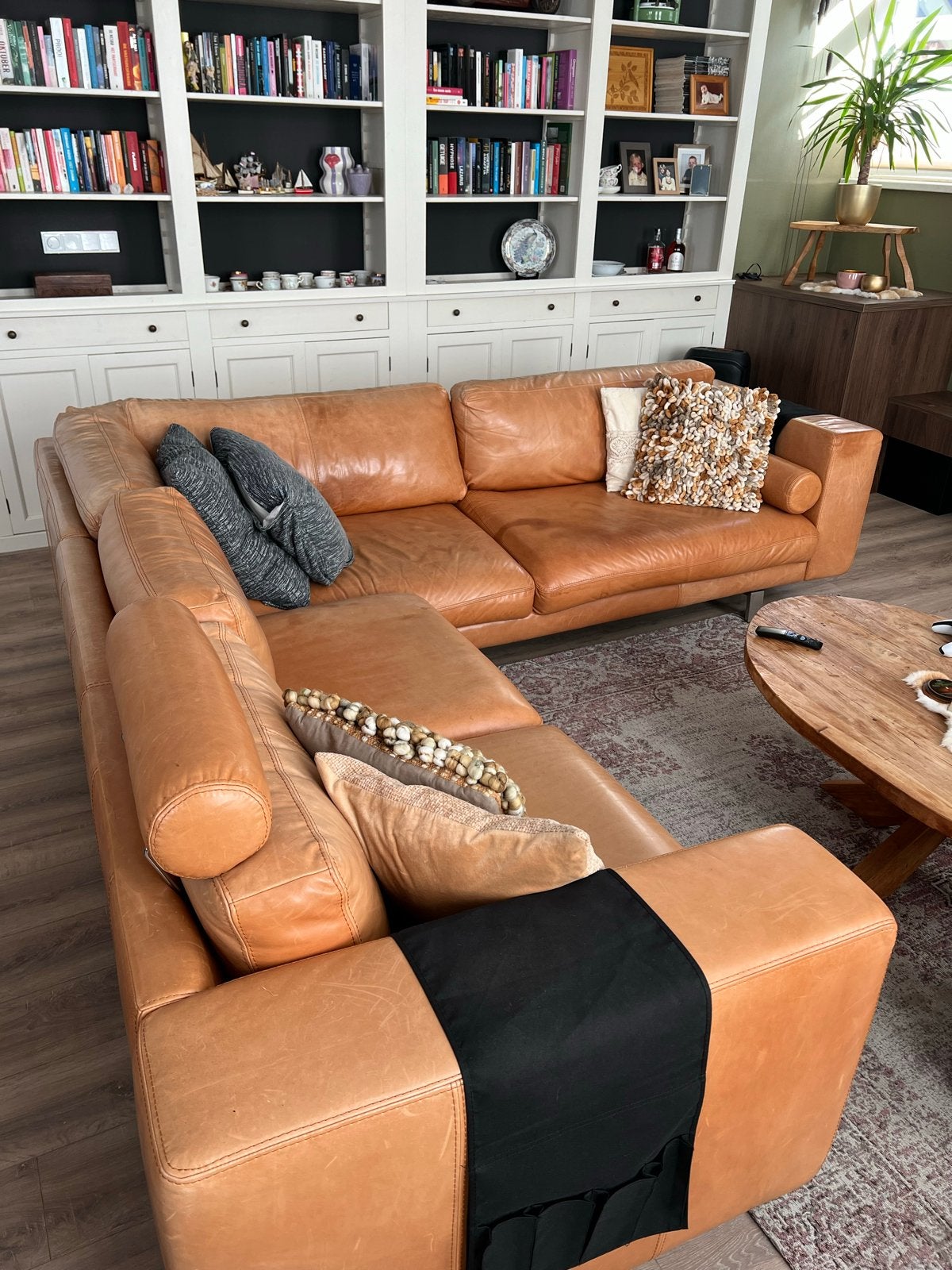 Leren hoekbank 270x270 cm cognac, Ophalen, 250 tot 300 cm, Gebruikt, Hoekbank