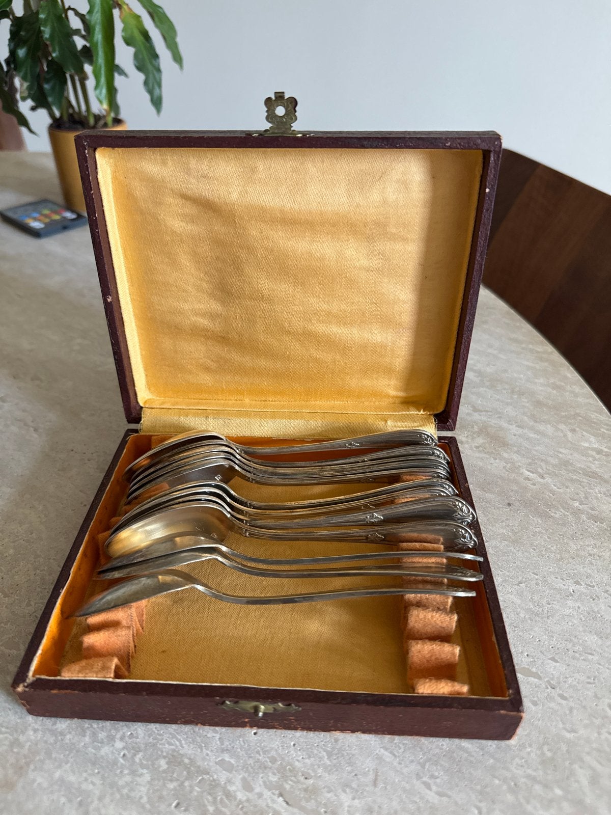 18 gram zilver: 12 verzilverde lepels in originele doos, Ophalen