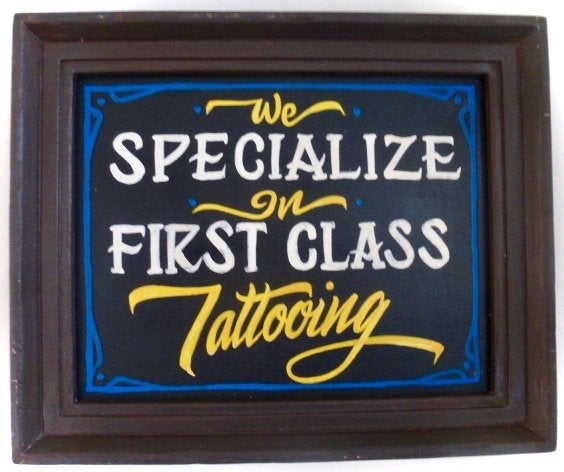 Handgeschilderd Tattoo shop bord / schilderij / Mancave, 42 cm, Tekstbord, 34 cm, Nieuw
