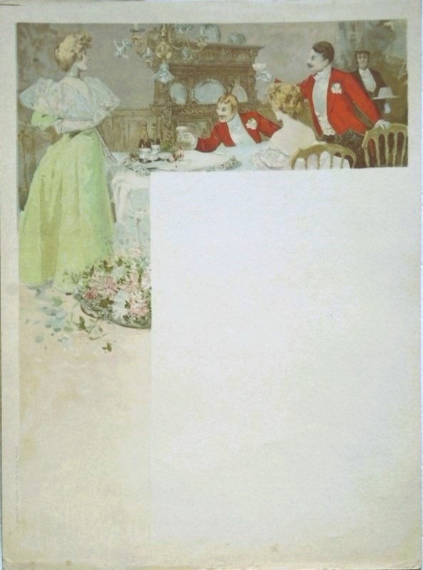 Courmont Frères Paris litho "Tafelscene", menukaart-ontwerp, Antiek en Kunst, Origineel, Lithografie, Ophalen, Personages en Fantasiefiguren