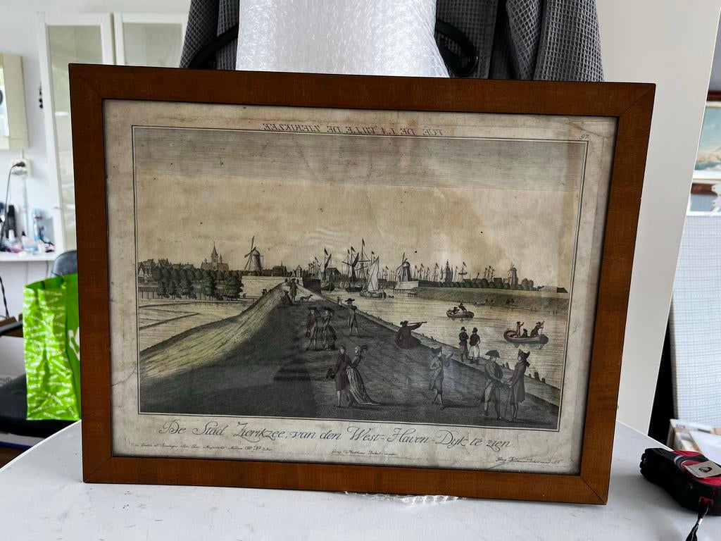 Antieke prent 'De Stad Zierikzee' - Handgekleurde gravure, Antiek en Kunst, Kunst | Tekeningen en Foto's, Ophalen