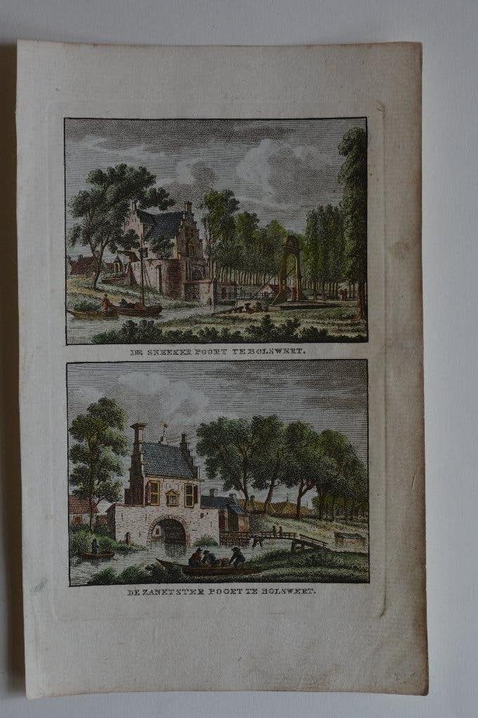 BOLSWARD 2 gravures 1792 blad SNEKER- + ZENETSTER POORT GV6, Antiek en Kunst, Verzenden, Stadsgezicht, Met tekst, Gravure