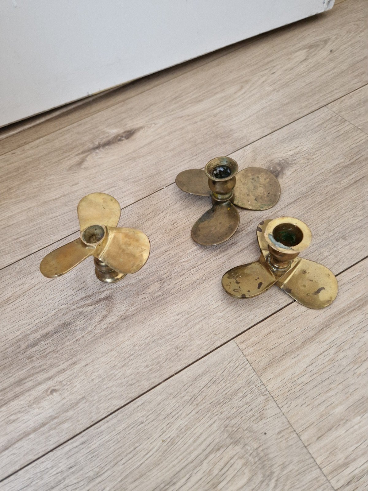 Set van 3 propeller kandelaren messing vintage, Ophalen of Verzenden