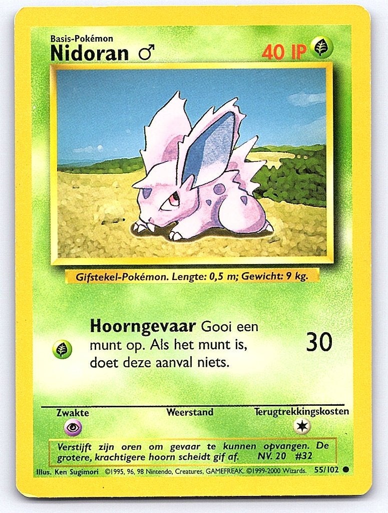 Nidoran M 55/102 Common Base Set Nederlands, Hobby en Vrije tijd, Verzamelkaartspellen | Pokémon, Ophalen of Verzenden, Gebruikt