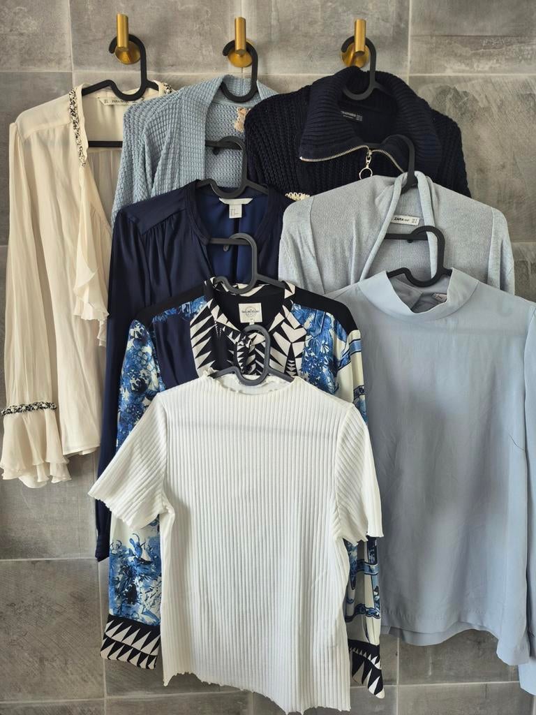 Kledingpakket blauw/wit: vesten, blousjes, shirtjes (XS-M), Ophalen of Verzenden, Zo goed als nieuw, Maat 36 (S)
