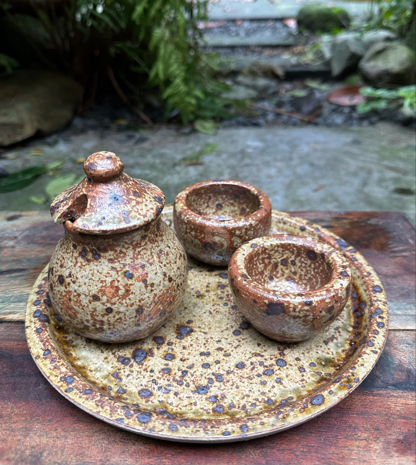 Vintage handmade aardewerk serviesset met dienblad, Ophalen of Verzenden