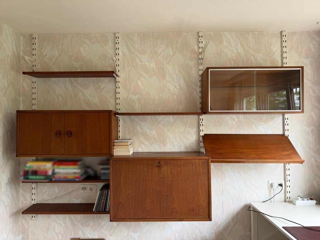 Mid‑century wandmeubel – modulair systeem jaren ’60/’70, Huis en Inrichting, 250 tot 300 cm, Gebruikt, Met deur(en), 150 tot 200 cm