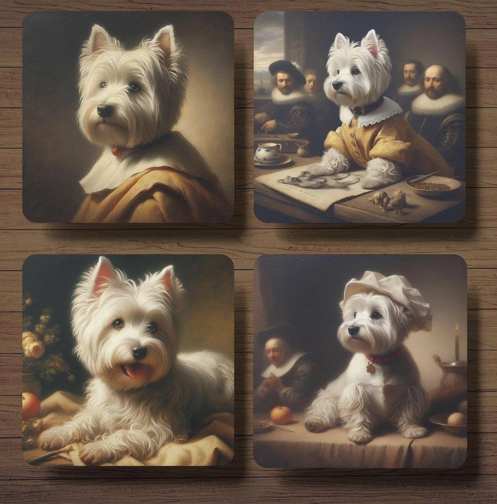 Westie Rembrandt stijl onderzetters met houder, Ophalen of Verzenden, Nieuw