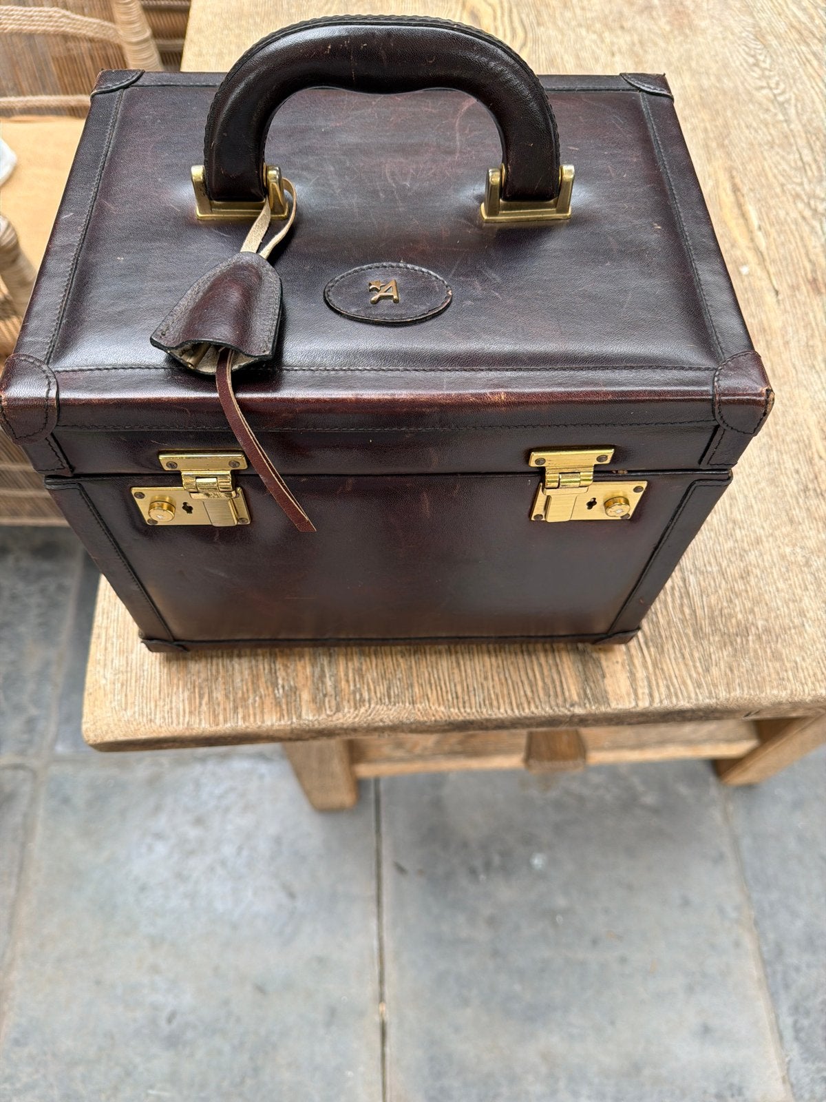 Vintage Leren Beautycase / Make-up Koffer met Slot, Gebruikt, Bruin, Verzenden, Met slot