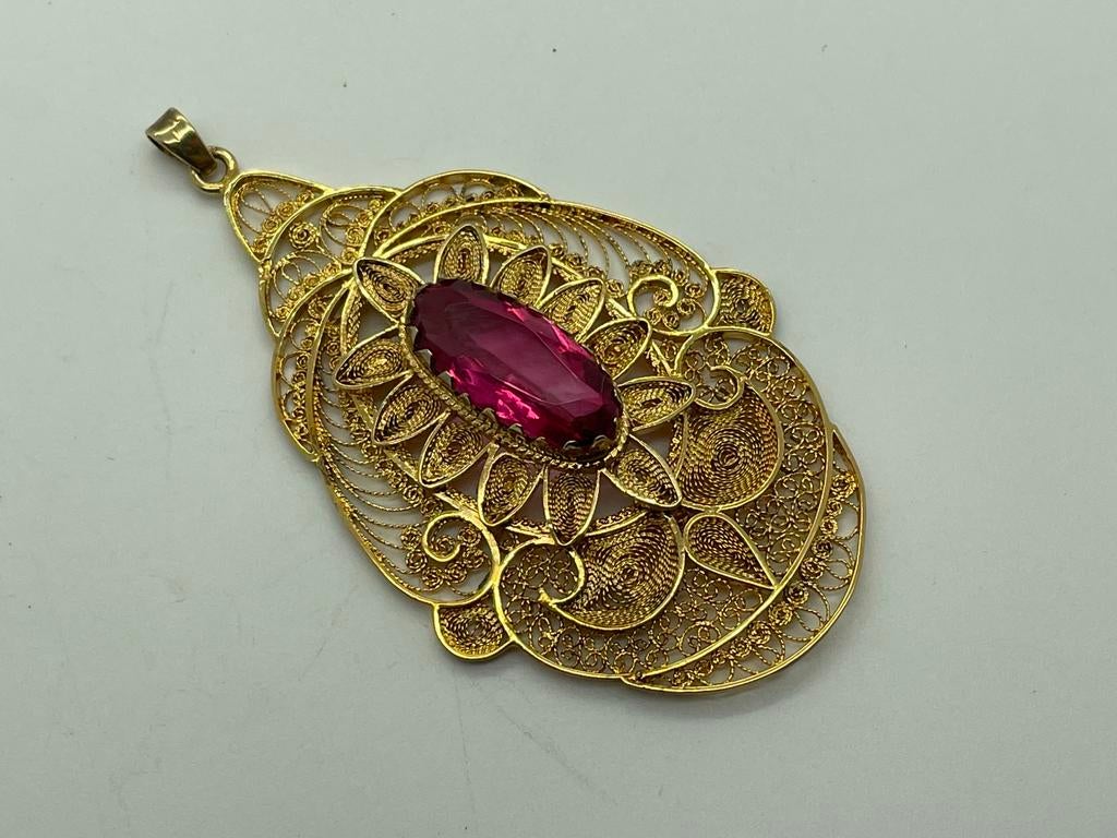 D941 Prachtige zilveren filigrain hanger goudkleur, Ophalen of Verzenden, Zilver, Hanger, Met edelsteen