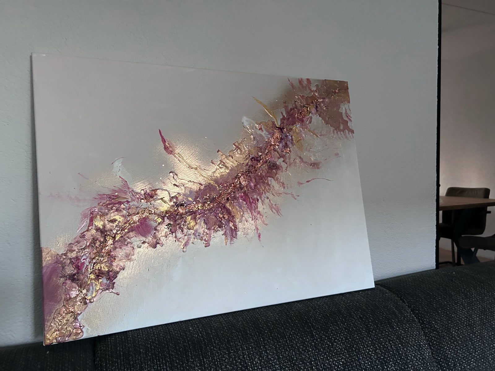 Abstract organisch schilderij warm goud/roze rose accenten, Ophalen of Verzenden