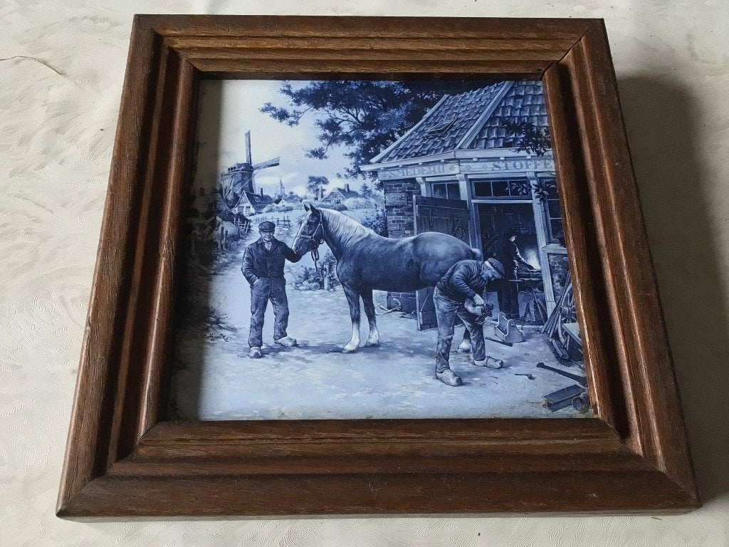 Delfts blauwe tegel tafereel Smid hoeve paardensmid, Antiek en Kunst, Ophalen of Verzenden