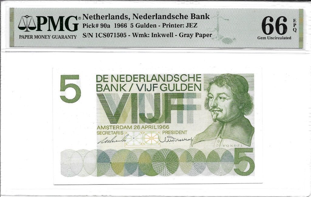5 gulden 1966 'Vondel I' PMG 66 EPQ Uncirculated, Postzegels en Munten, Ophalen of Verzenden, 5 gulden, Los biljet