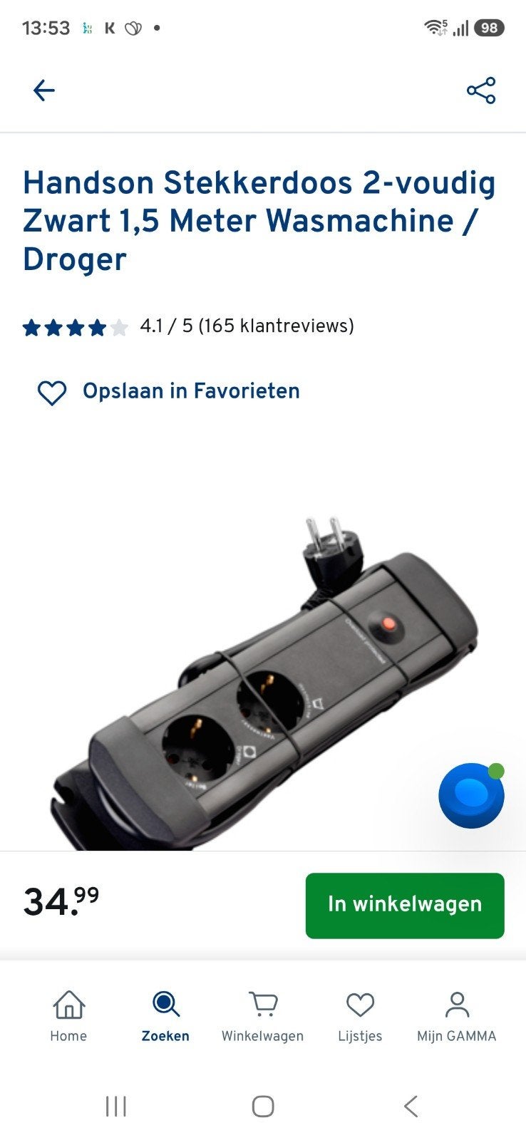 Handson Stekkerdoos 2-voudig Zwart 1,5M Wasmachine/Droger, Doe-het-zelf en Verbouw, Ophalen of Verzenden, Nieuw, Overige merken