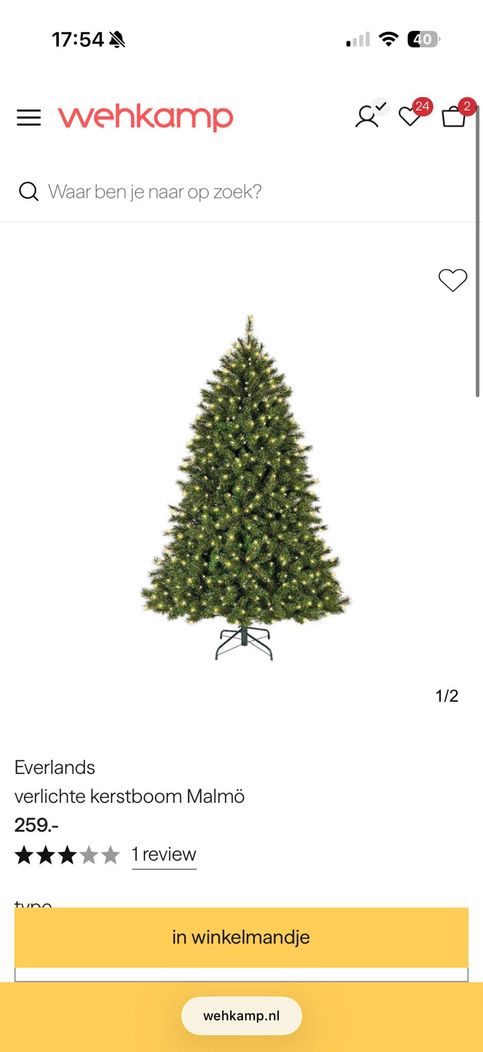 Everlands Malmö verlichte kunstkerstboom 180 cm – 320 LED, Diversen, Ophalen
