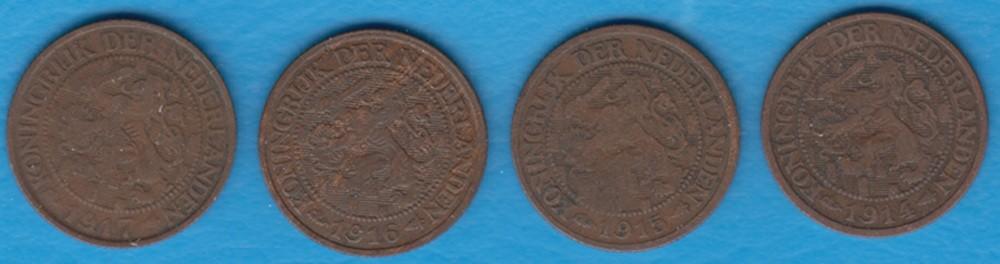 Nederland 1 cent 1914, 1915, 1916 en 1917 Wilhelmina, Postzegels en Munten, Munten | Nederland, Ophalen of Verzenden, Koningin Wilhelmina