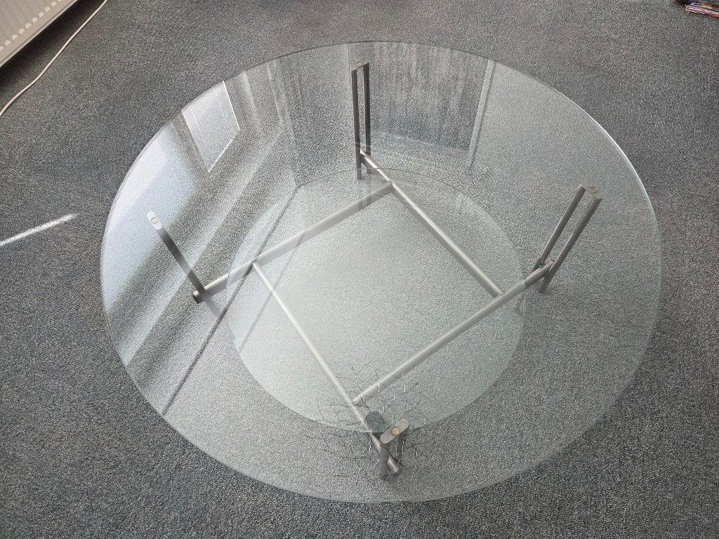 Glazen salontafel in zeer goede staat., Ophalen, 50 tot 100 cm, Rond, 50 tot 100 cm