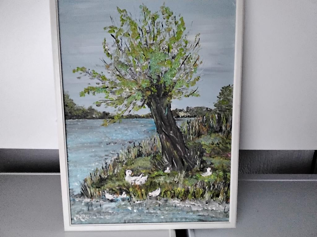 schilderij van de waterkant met eendjes, Minder dan 50 cm, Ophalen of Verzenden, Zo goed als nieuw, Schilderij