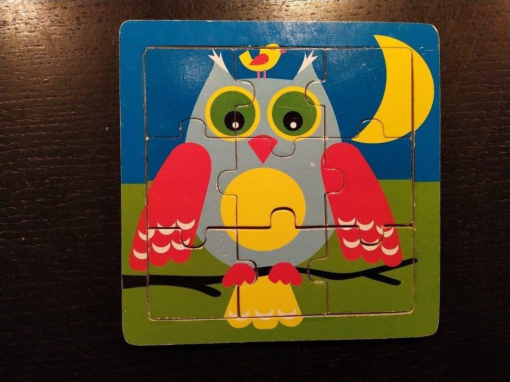Houten puzzel uil 9 stukjes, Ophalen of Verzenden, 10 tot 50 stukjes, Gebruikt, Van hout