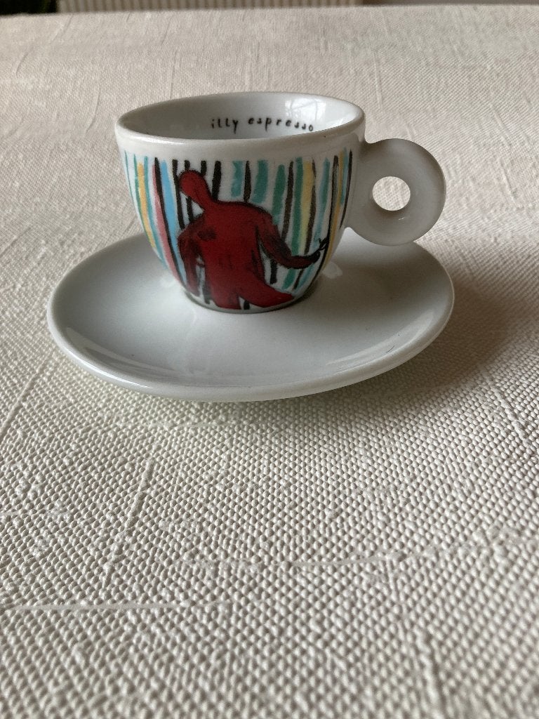 Illy espresso kop en schotel Sandro Chia ontwerp uit 1997, Meerkleurig, Ophalen of Verzenden, 5 cm, Steen/keramiek