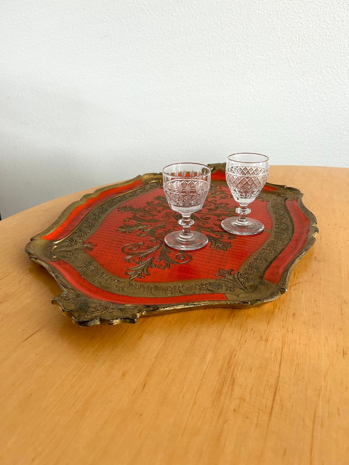Groot Florentijns dienblad in rood/oranje goud, Ophalen of Verzenden, Zo goed als nieuw, Rechthoekig, Hout