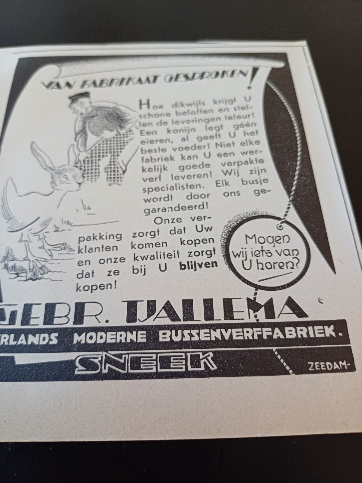 advertentie Tjallema Sneek bussenverf fabriek 4 1939, Ophalen of Verzenden, Zo goed als nieuw, Overige typen