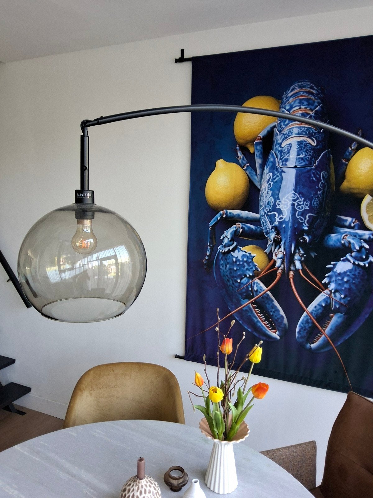 Moderne booglamp / vloerlamp met rookglas kap, Ophalen, Zo goed als nieuw, Glas, E27 (groot)