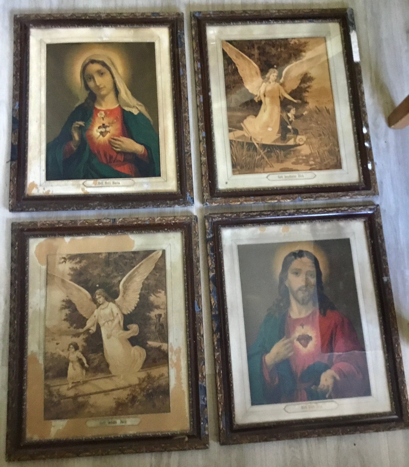 SET VAN 4 ANTIEKE RELIGIEUZE SCHILDERIJEN IN ANTIEKE LIJST, Ophalen of Verzenden