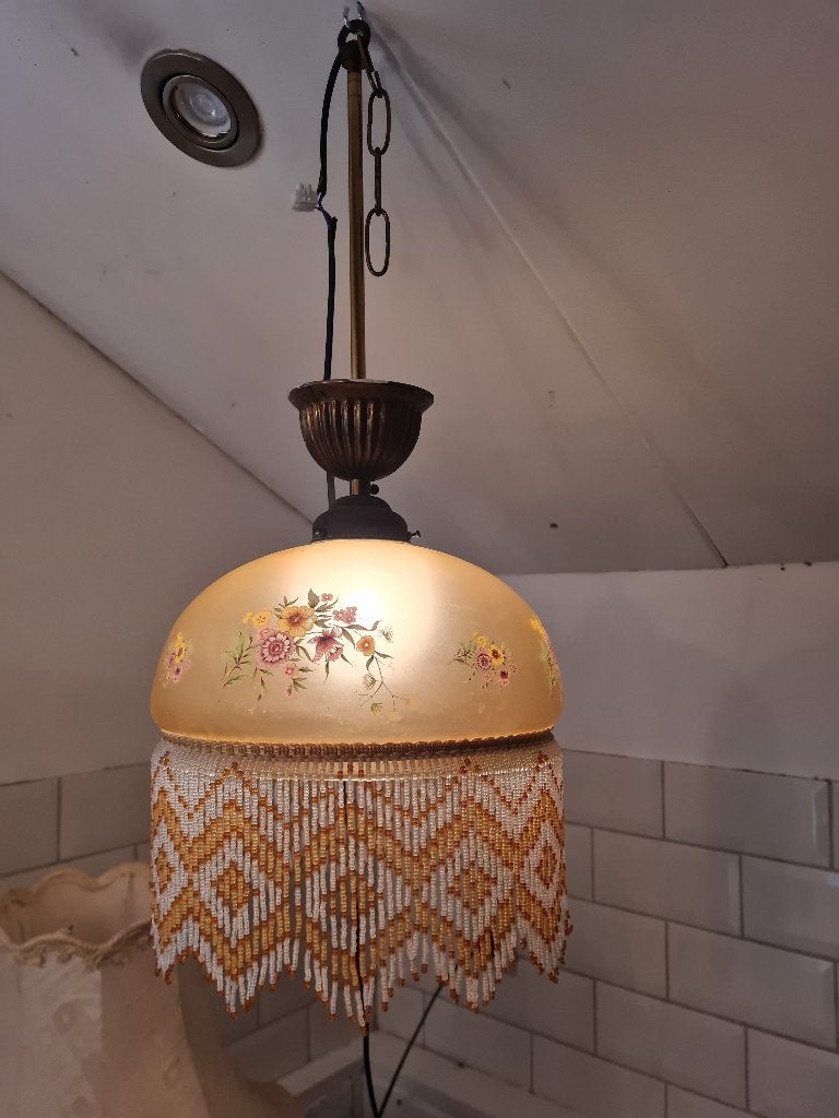Antieke glazen plafondlamp met kraaltjes foto 1 t/m 4, Ophalen of Verzenden