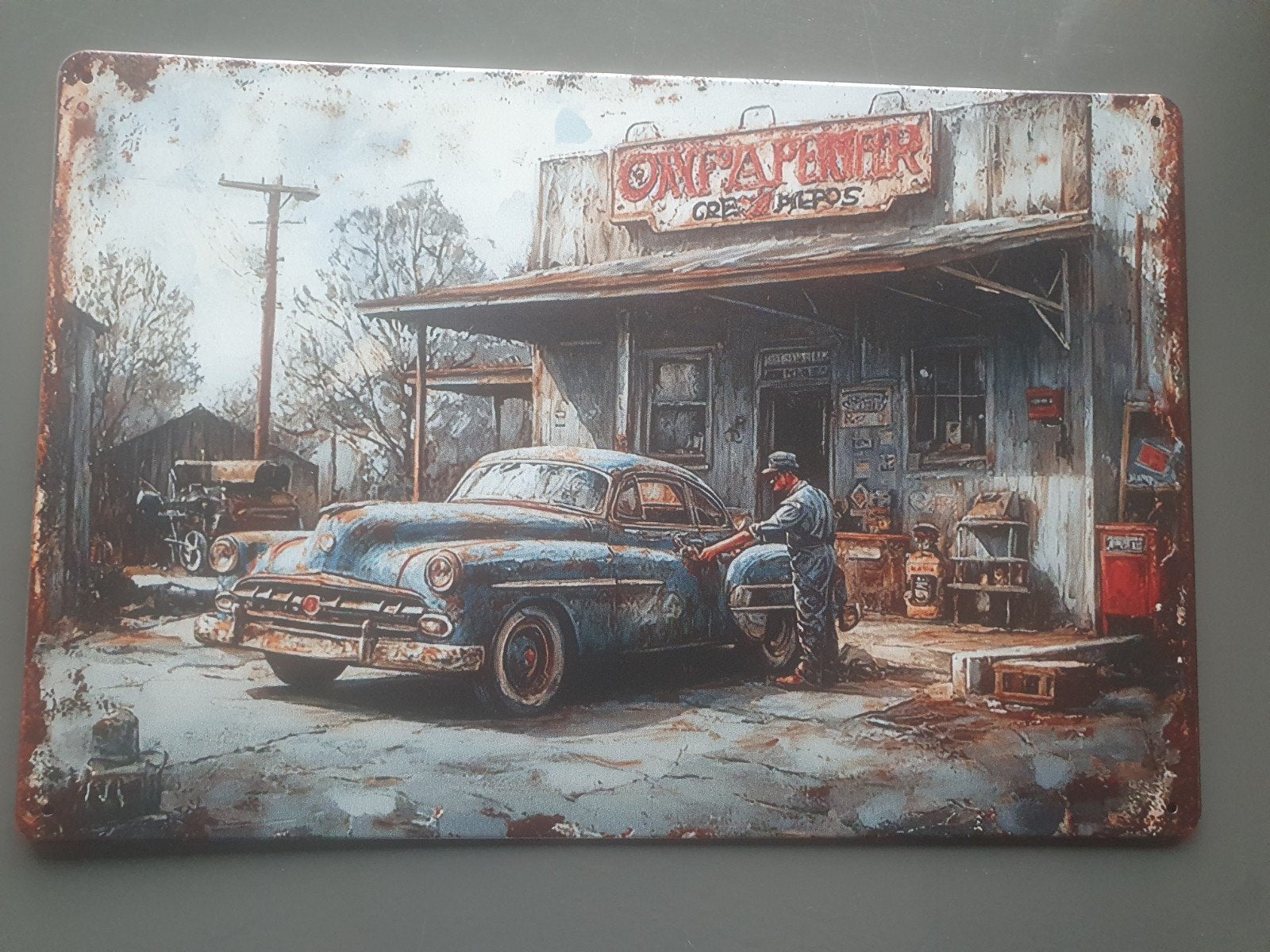 Metalen Wandbord Oldtimer Garage, Metaal, Vintage, Nieuw, Ophalen of Verzenden