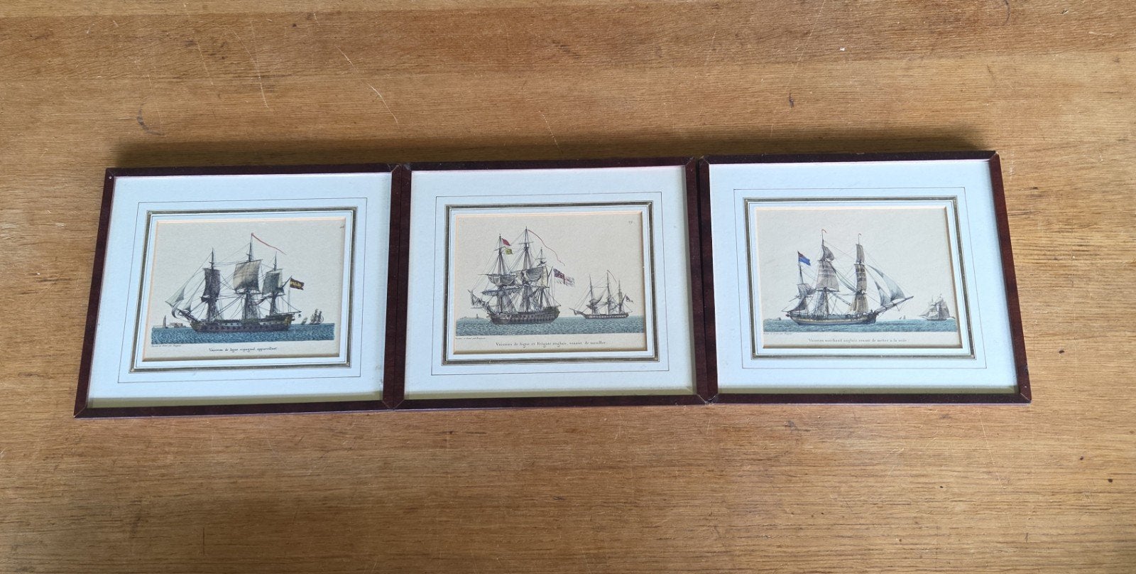 Drie prenten schepen driemaster, Verzamelen, Foto's en Prenten, Ophalen of Verzenden, Voor 1940, Gebruikt, Overige onderwerpen