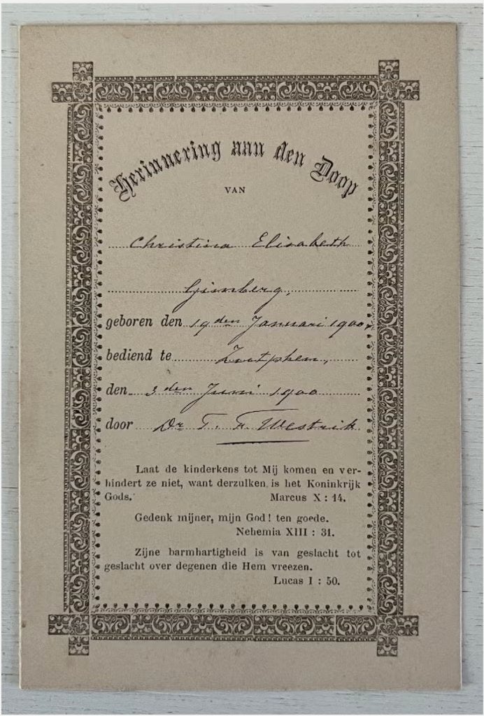 Originele doopkaart (1900) van C.E. Gimberg (Schrijfster), Ophalen of Verzenden, Zo goed als nieuw