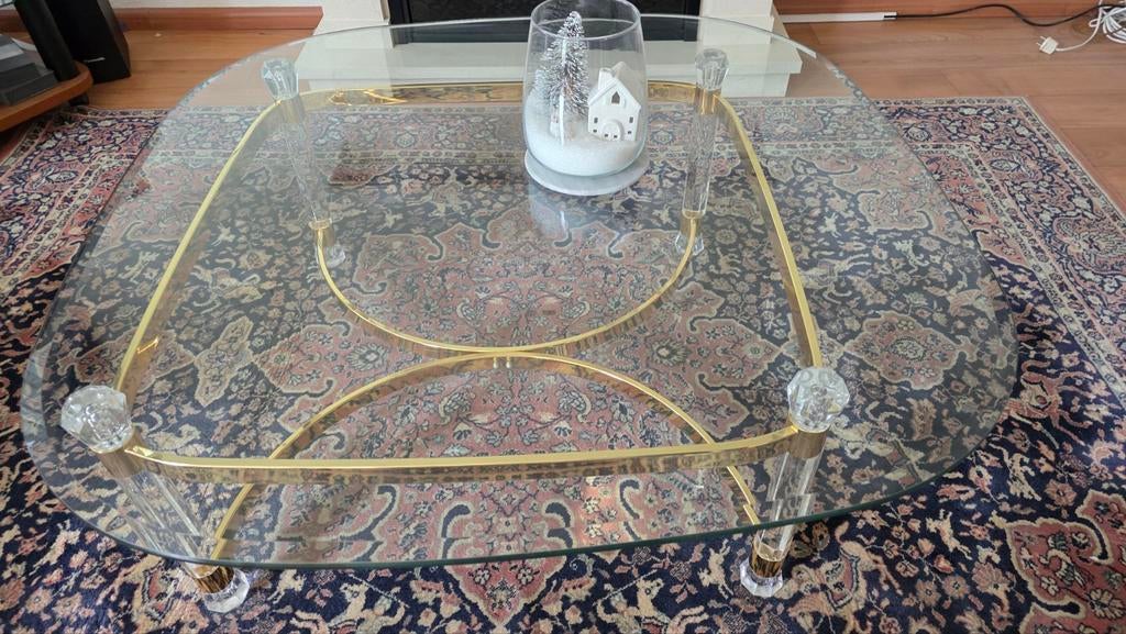 Glazen salontafel met messing onderstel, Huis en Inrichting, Tafels | Salontafels, Ophalen, Gebruikt, 50 tot 100 cm, Vierkant