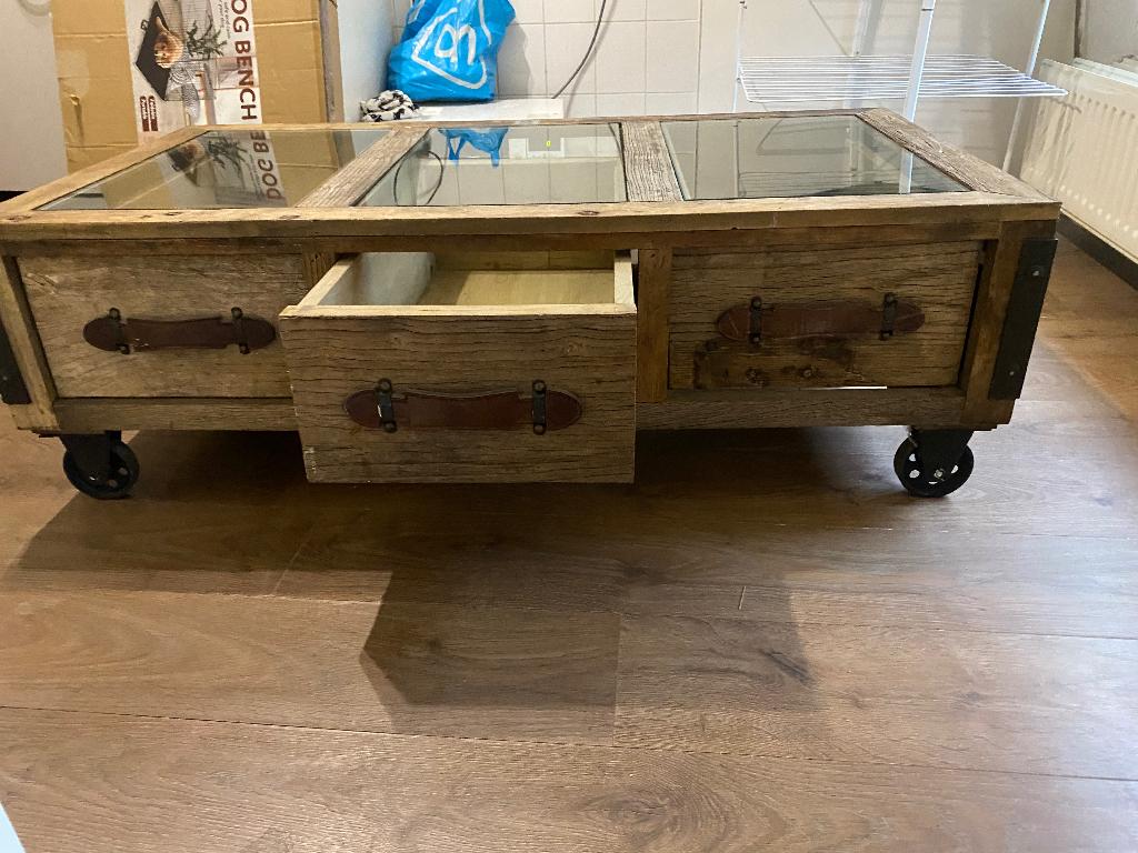 Rivièra Maison salontafel / coffee table met glas en lades, Huis en Inrichting, Tafels | Salontafels, Ophalen, Gebruikt, 100 tot 150 cm