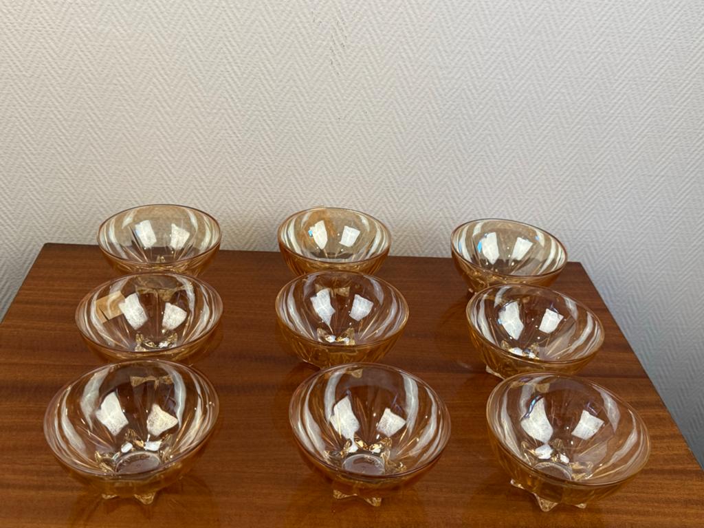 Set van 9 vintage glazen schaaltjes, amberkleurig, Ophalen of Verzenden