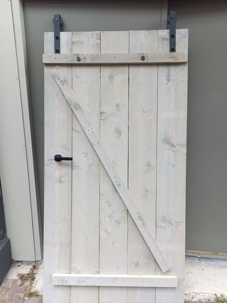 Deur steigerhout met rol systeem, Doe-het-zelf en Verbouw, Deuren en Horren, Ophalen, Minder dan 80 cm, Binnendeur, Zo goed als nieuw