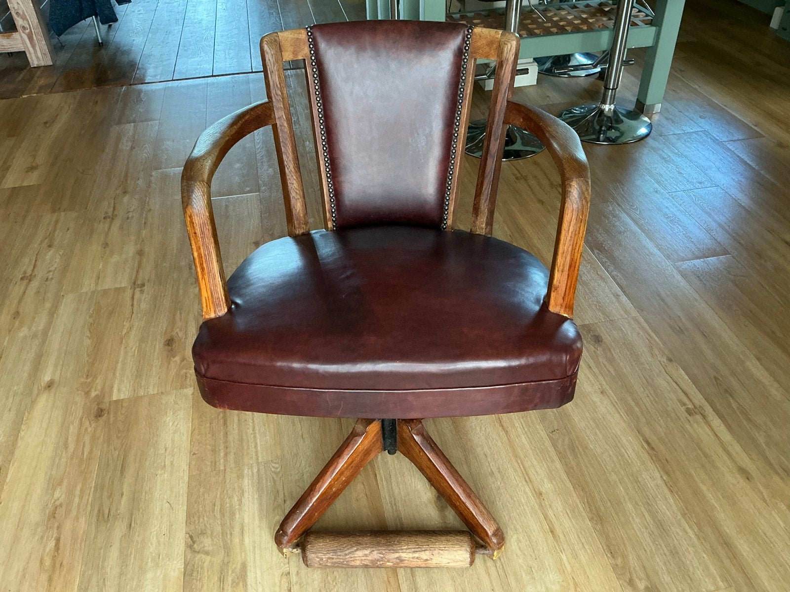 Vintage Bureaustoel Draaibaar Leer en Hout, Ophalen, Gebruikt, Bruin, Leer