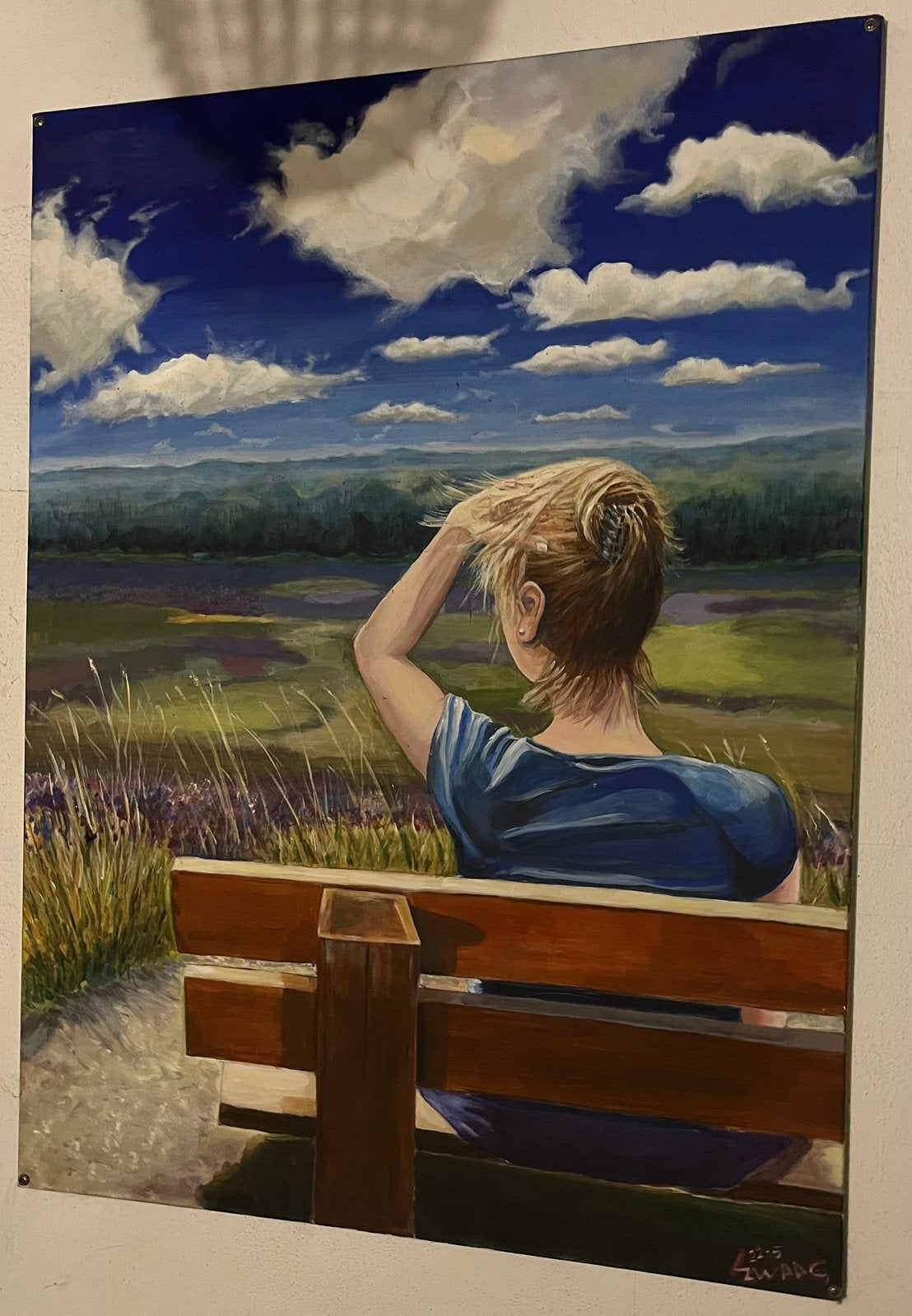 Vrouw op bankje met uitzicht - Handgeschilderd schilderij, Ophalen