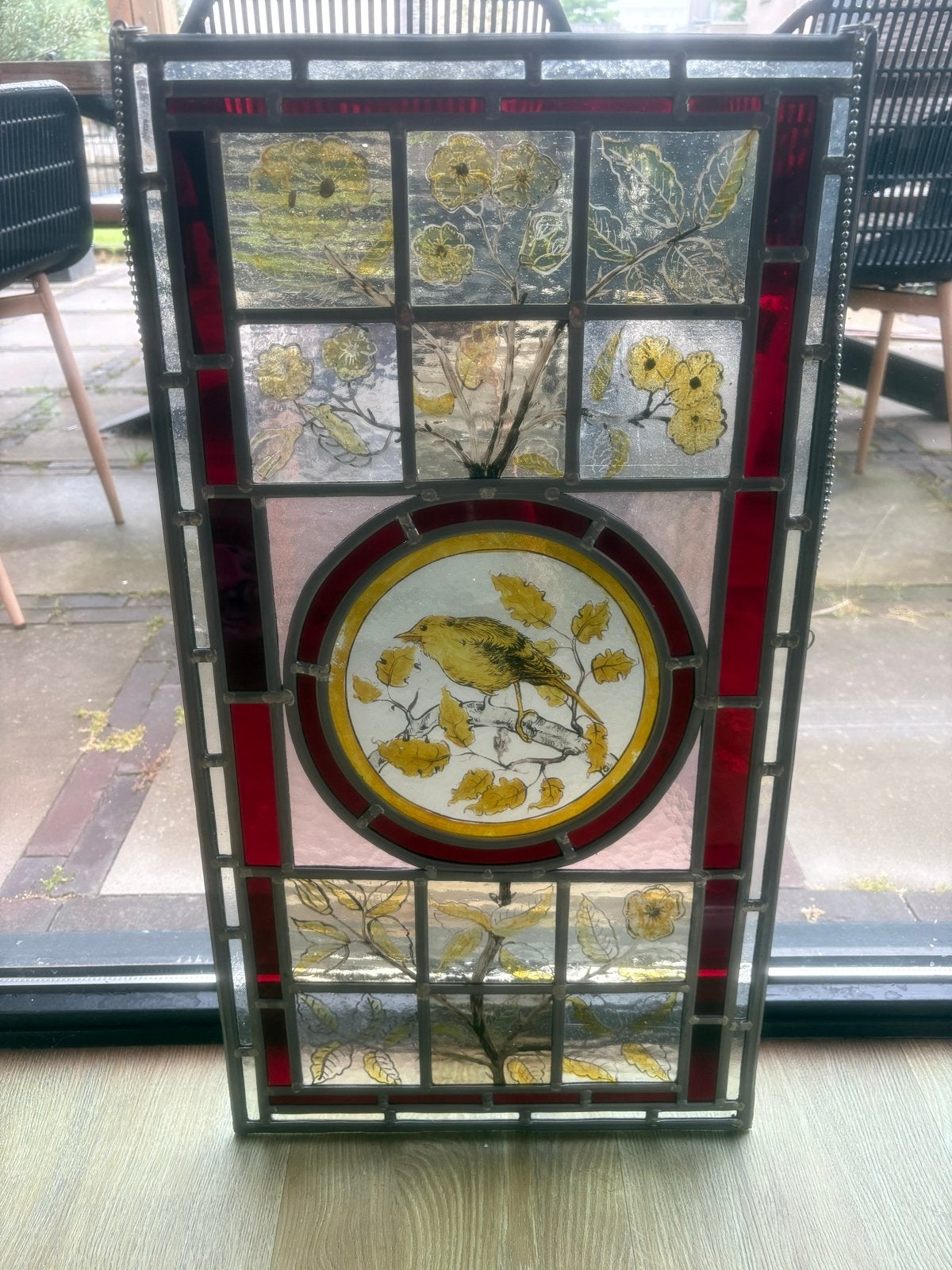 Prachtig glas-in-lood paneel met vogel en bloemen, Ophalen
