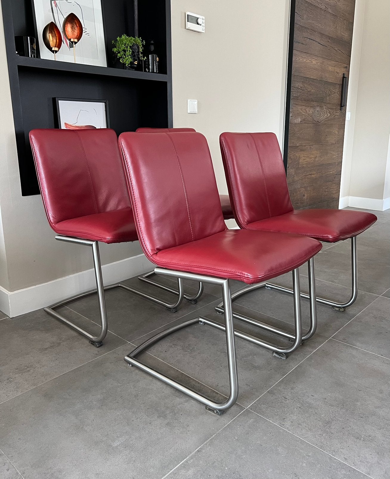 4/6 rood lederen Henders en Hazel design stoelen rvs frame, Ophalen, -, -, Henders en Hazel
