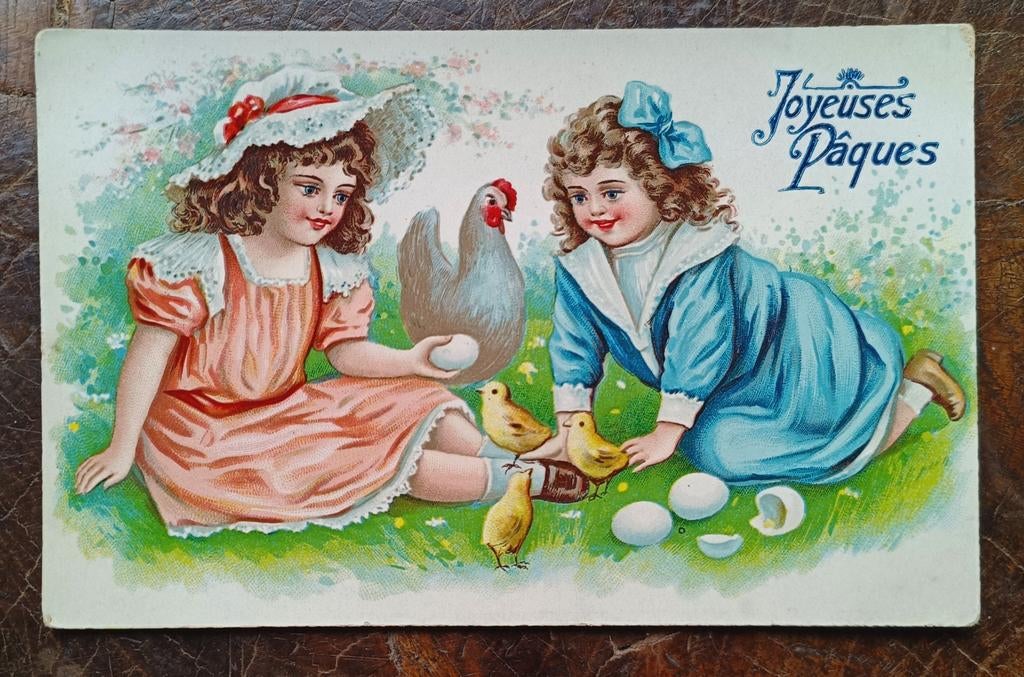 Antieke paas ansichtkaart kuikens kip eieren, Ophalen of Verzenden, Voor 1920, Gelopen, Overige thema's