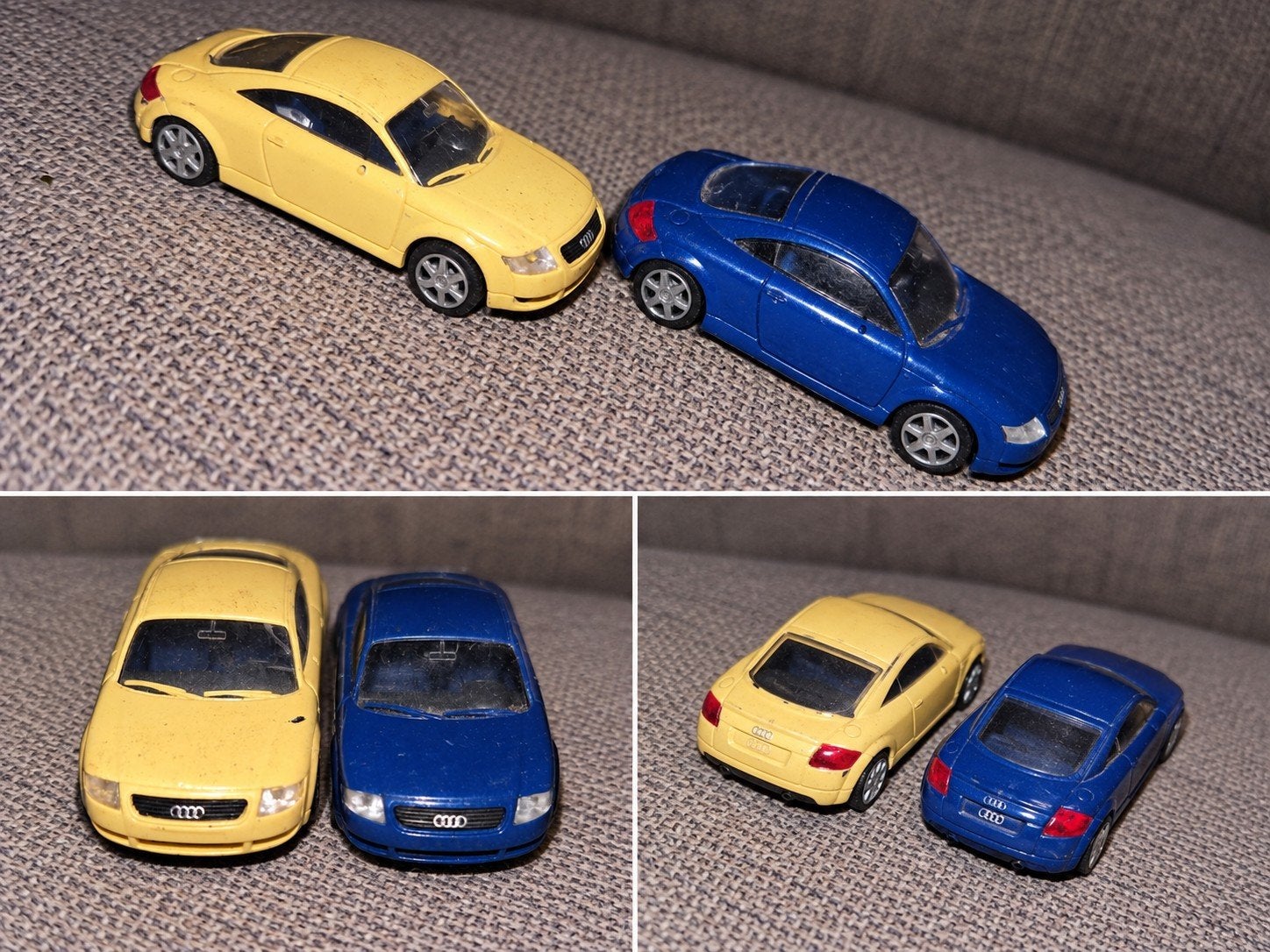 2 piepkleine Audi modelautootjes geel en blauw, Ophalen of Verzenden, Gebruikt, Overige merken
