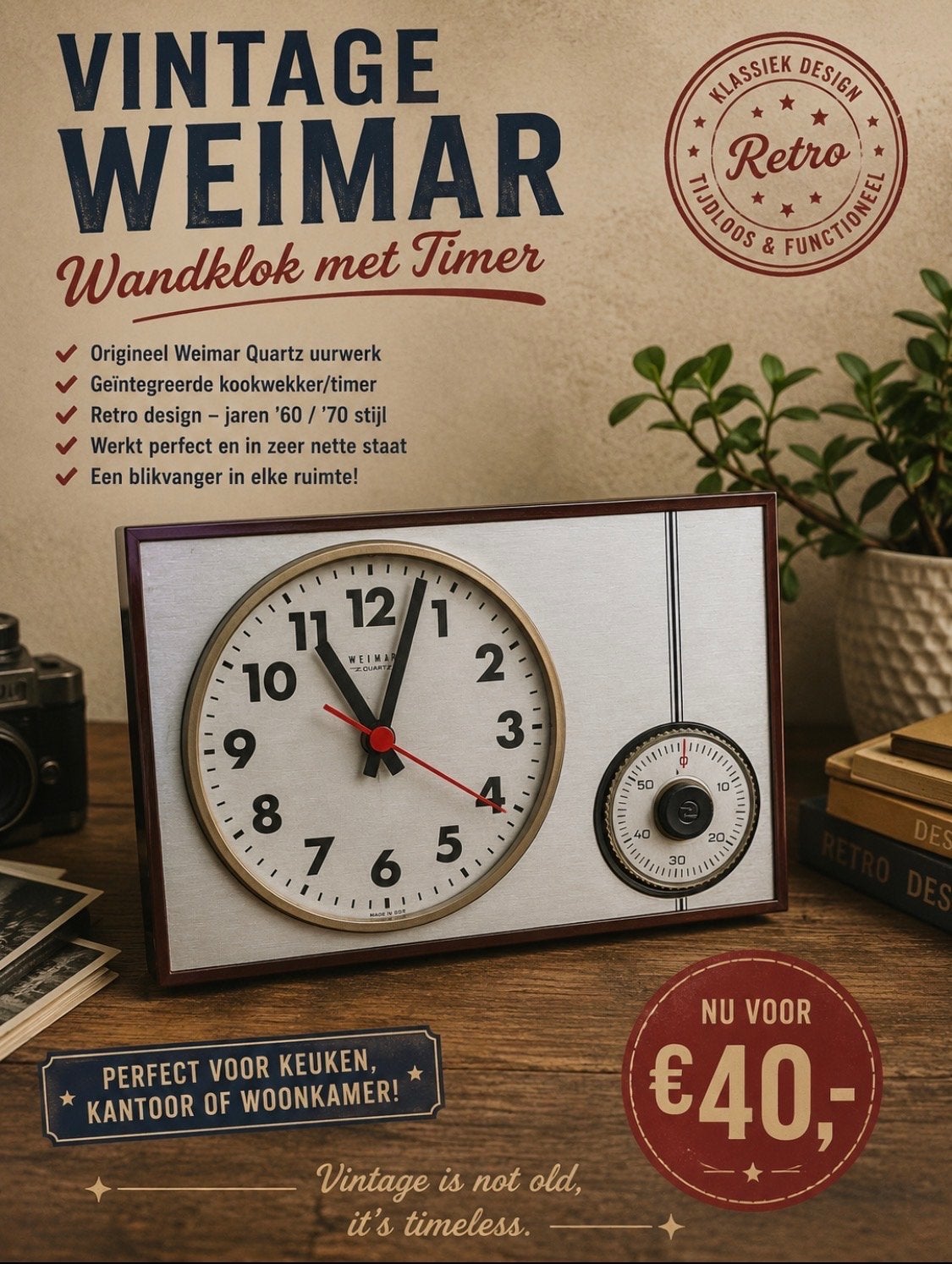 Vintage Weimar Wandklok met Timer - Jaren '60/'70 Stijl, Ophalen of Verzenden