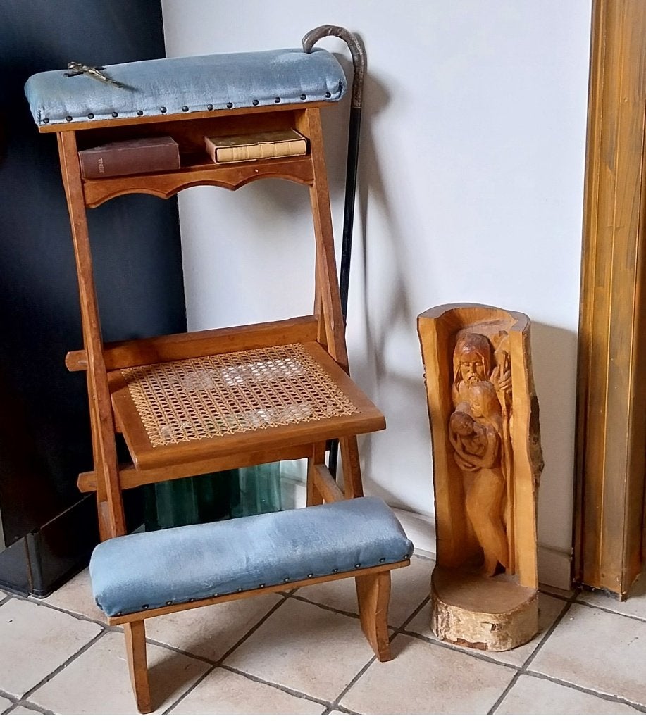 Antieke Eikenhoutem Bidstoel / Biechtstoel, velours kussens, Ophalen